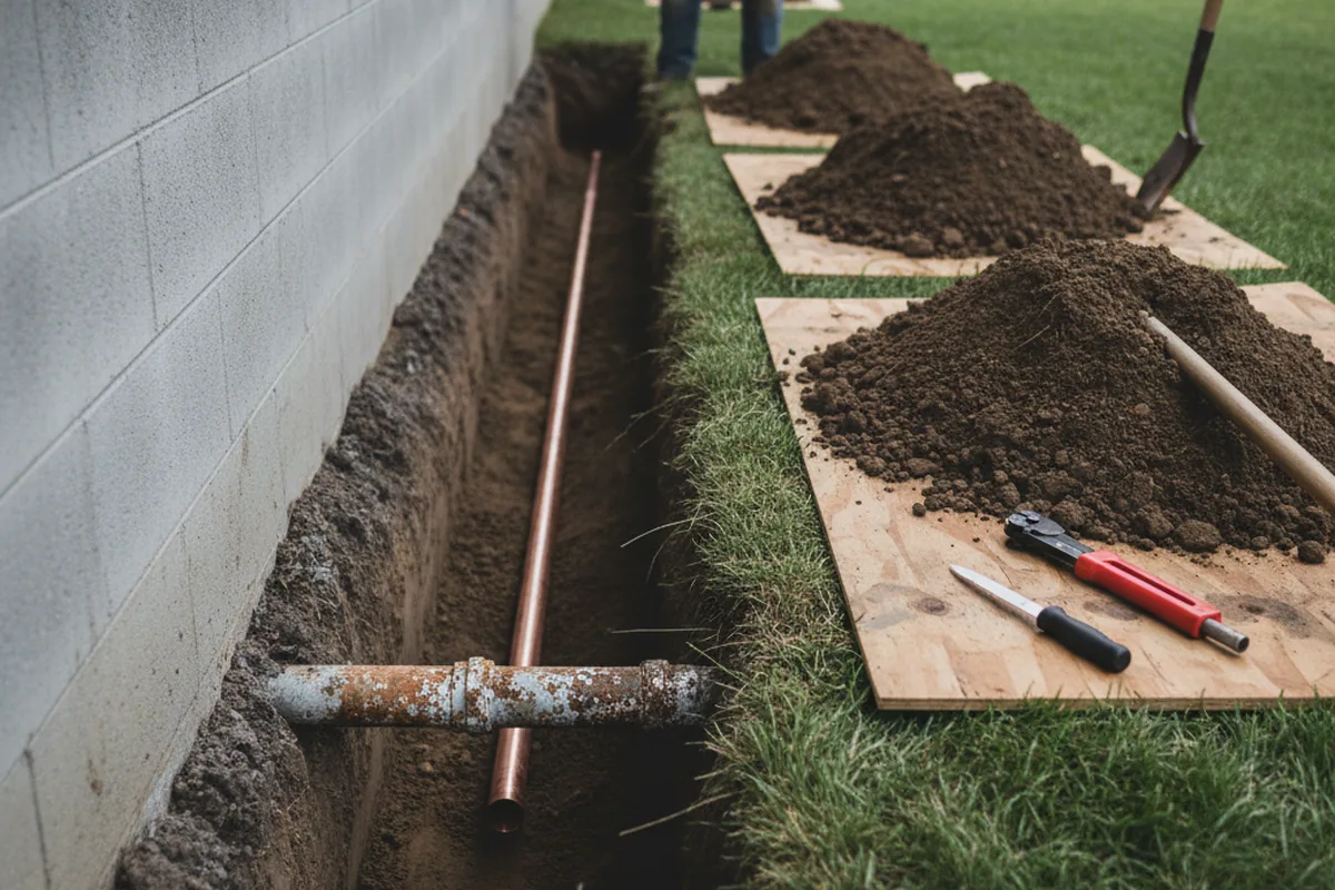Excavated water line trench during Sewer Line Repair in Perkinston